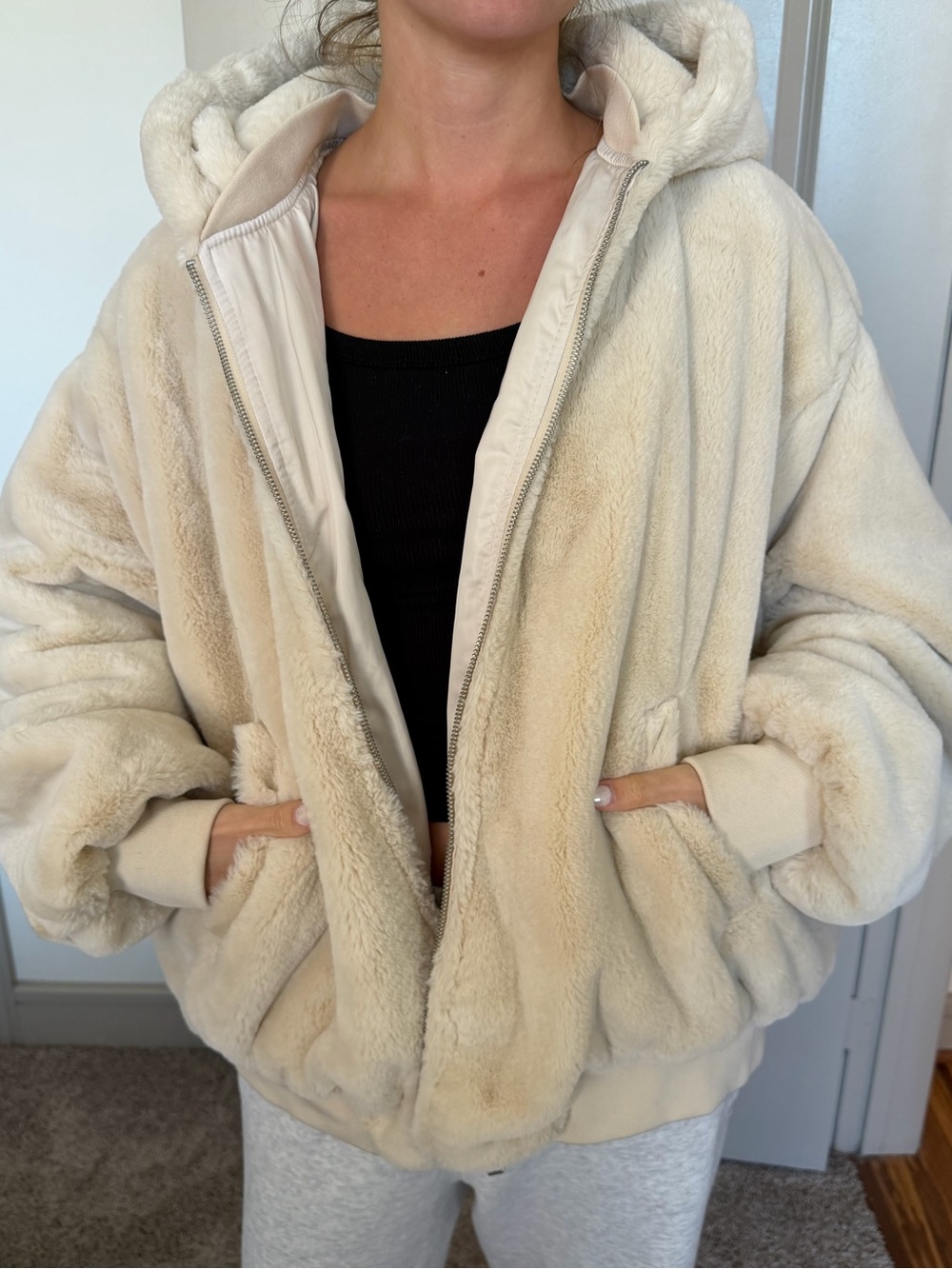 Zara Plush Hooded Teddy Jacket in Cream